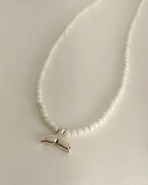 Κολιέ Λευκή Χάντρα Ουρά Γοργόνας ασημί