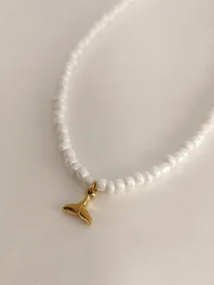 Κολιέ Λευκή Χάντρα Ουρά Γοργόνας χρυσό