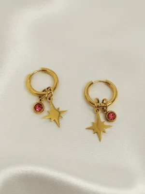 Σκουλαρίκια Κρίκος Άστρο Ροζ Διαμαντάκι χρυσά