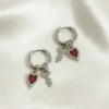 Σκουλαρίκια Κρίκος Καρδούλα Μπορντό Κλειδάκι ασημένια