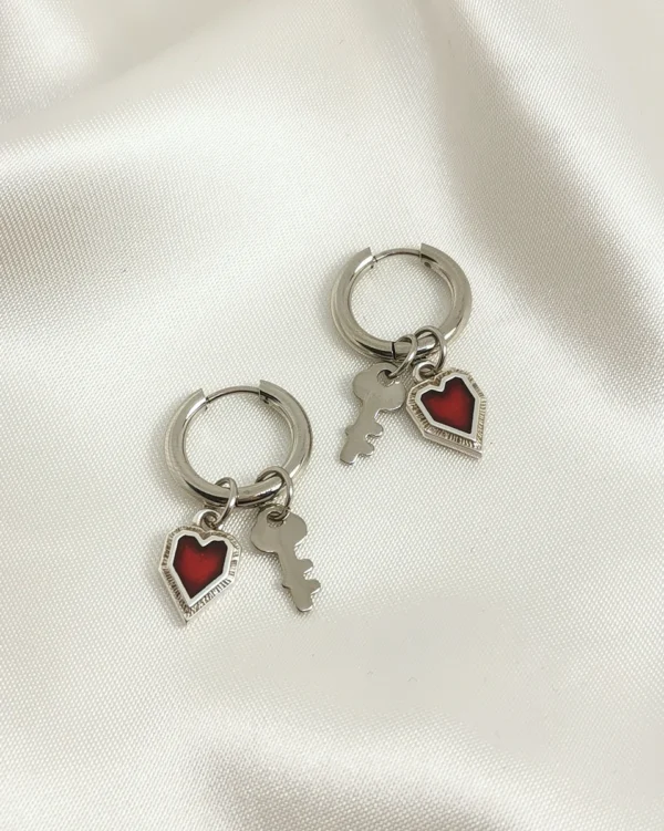 Σκουλαρίκια Κρίκος Καρδούλα Μπορντό Κλειδάκι ασημένια