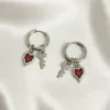 Σκουλαρίκια Κρίκος Καρδούλα Μπορντό Κλειδάκι ασημένια