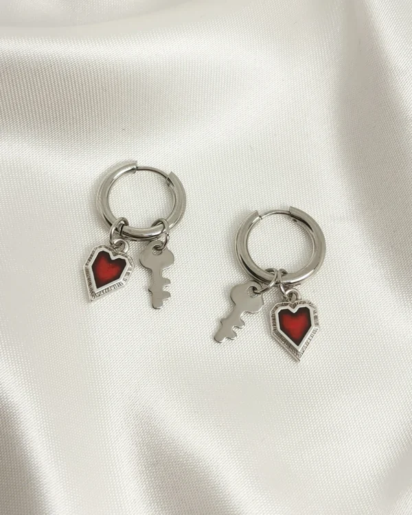 Σκουλαρίκια Κρίκος Καρδούλα Μπορντό Κλειδάκι ασημένια