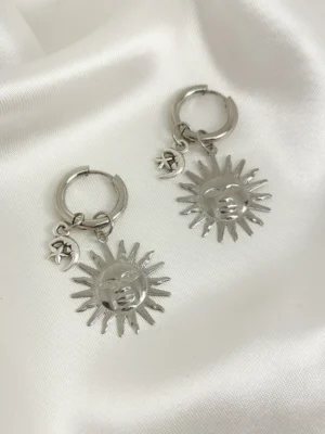 Σκουλαρίκια Κρίκος Ήλιος Φεγγαράκι ασημένια