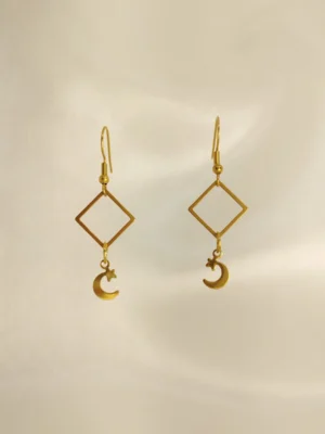 Σκουλαρίκια Κρεμαστά Ρόμβος Φεγγαράκι χρυσά