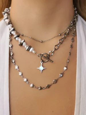 Κολιέ Σετ τριπλό άστρο αιματίτης πέρλα ασημένιο