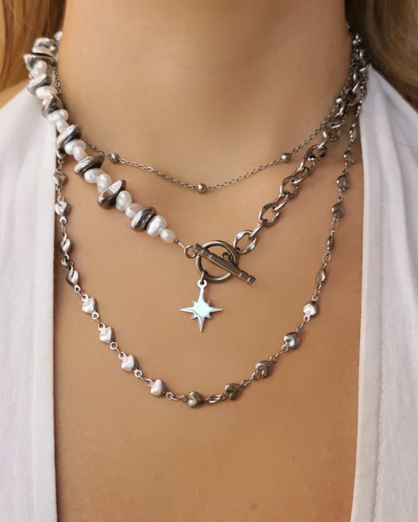 Κολιέ Σετ τριπλό άστρο αιματίτης πέρλα ασημένιο