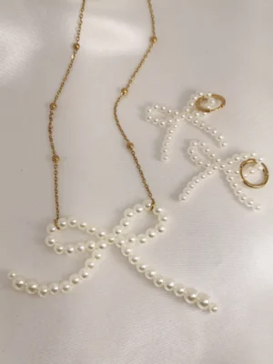 Σετ Κολιέ Σκουλαρίκια πέρλα φιόγκος χρυσό