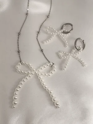Σετ Κολιέ Σκουλαρίκια πέρλα φιόγκος ασημένιο