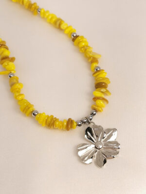 Κολιέ Κίτρινη Χάντρα Κοχύλι ασημένιο